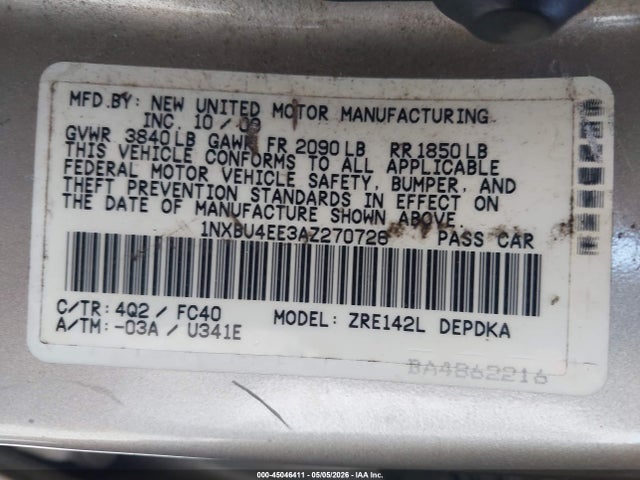 Aukcja sprzedaży 2010 Toyota Corolla Le, vin: 1NXBU4EE3AZ270726, numer aukcji: 45046411