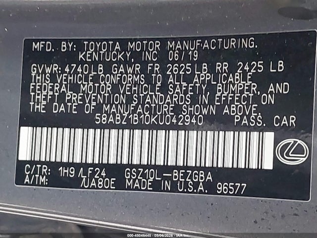 2019 Lexus Es 350 F Sport მანქანა იყიდება აუქციონზე, vin: 58ABZ1B10KU042940, აუქციონის ნომერი: 45046445