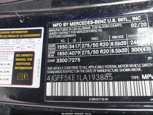 45046450 :رقم المزاد ، 4JGFF5KE1LA193865 vin ، 2020 Mercedes-benz Gls 450 4matic مزاد بيع