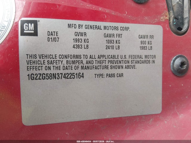 45046454 :رقم المزاد ، 1G2ZG58N374225164 vin ، 2007 Pontiac G6 مزاد بيع