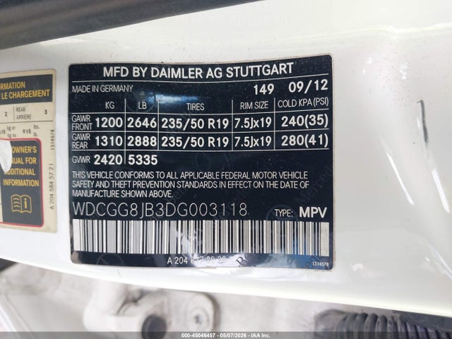 45046457 :رقم المزاد ، WDCGG8JB3DG003118 vin ، 2013 Mercedes-benz Glk 350 4matic مزاد بيع