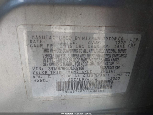 45046464 :رقم المزاد ، 3N1AB7AP5DL632166 vin ، 2013 Nissan Sentra Sv مزاد بيع