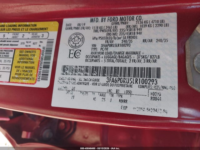 45046468 :رقم المزاد ، 3FA6P0RU5LR100293 vin ، 2020 Ford Fusion Hybrid Titanium مزاد بيع