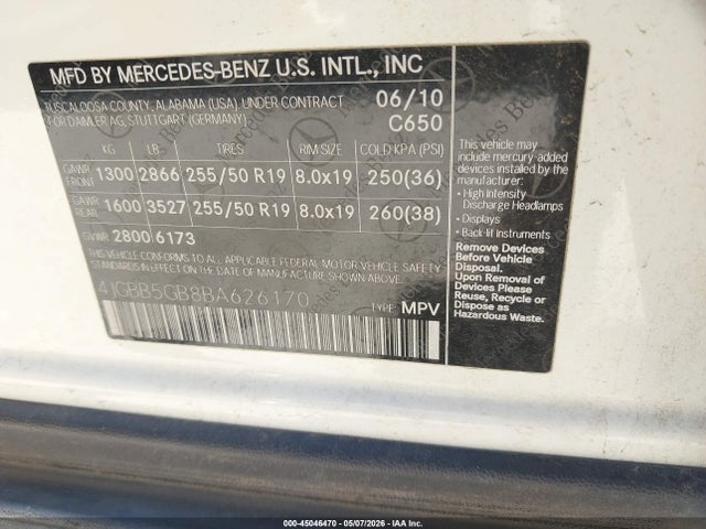 45046470 :رقم المزاد ، 4JGBB5GB8BA626170 vin ، 2011 Mercedes-benz Ml 350 مزاد بيع