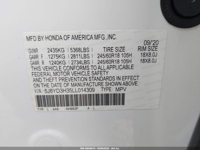 Продаж на аукціоні авто 2020 Acura Mdx Standard, vin: 5J8YD3H35LL014309, номер лоту: 45046474