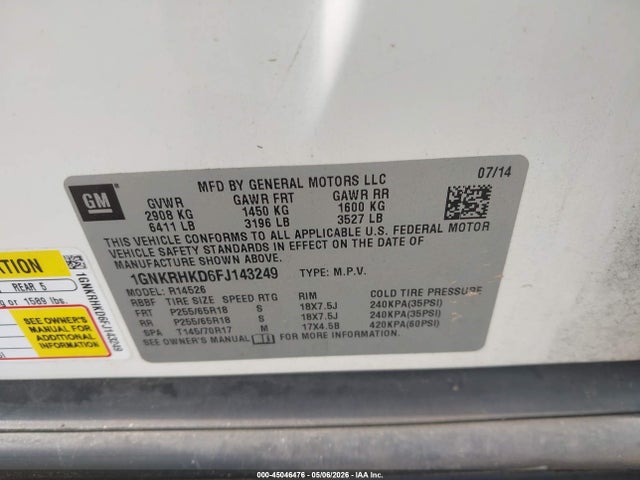 45046476 :رقم المزاد ، 1GNKRHKD6FJ143249 vin ، 2015 Chevrolet Traverse 2lt مزاد بيع
