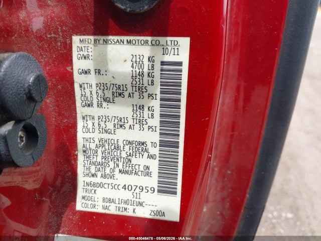 2012 Nissan Frontier S მანქანა იყიდება აუქციონზე, vin: 1N6BD0CT5CC407959, აუქციონის ნომერი: 45046478