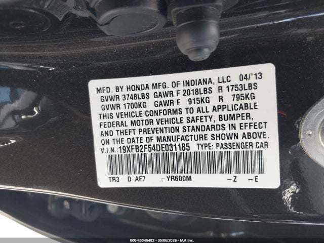 2013 Honda Civic Lx მანქანა იყიდება აუქციონზე, vin: 19XFB2F54DE031185, აუქციონის ნომერი: 45046482