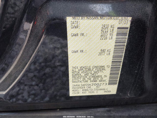 Aukcja sprzedaży 2014 Nissan Altima 2.5 Sv, vin: 1N4AL3AP2EN200273, numer aukcji: 45046498
