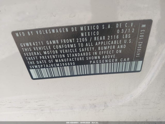 Продаж на аукціоні авто 2012 Volkswagen Jetta 2.5l Se, vin: 3VWDP7AJ6CM396690, номер лоту: 45046501