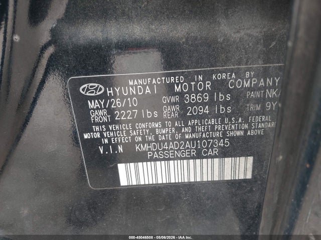 Продаж на аукціоні авто 2010 Hyundai Elantra Gls, vin: KMHDU4AD2AU107345, номер лоту: 45046508