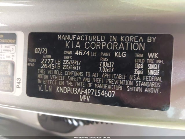 2023 Kia Sportage Lx მანქანა იყიდება აუქციონზე, vin: KNDPU3AF4P7154607, აუქციონის ნომერი: 45046519