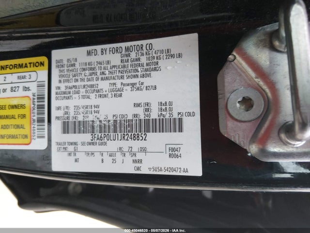 Продажа на аукционе авто 2018 Ford Fusion Hybrid Se, vin: 3FA6P0LU1JR248852, номер лота: 45046520
