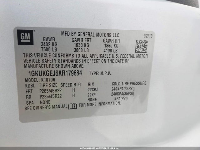 Aukcja sprzedaży 2010 Gmc Yukon Hybrid Denali, vin: 1GKUKGEJ6AR179684, numer aukcji: 45046522