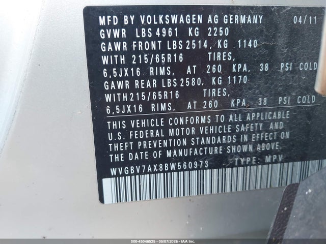 Продаж на аукціоні авто 2011 Volkswagen Tiguan S, vin: WVGBV7AX8BW560973, номер лоту: 45046525