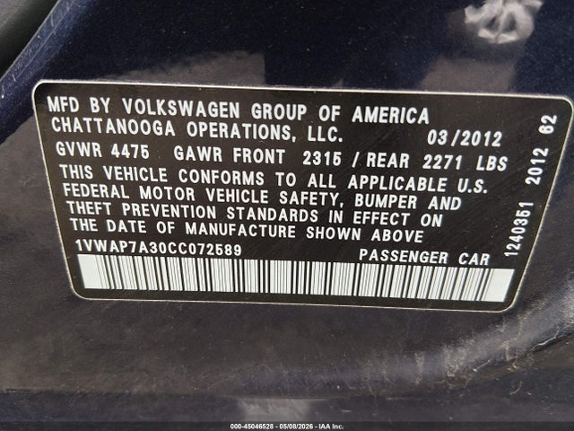 Продаж на аукціоні авто 2012 Volkswagen Passat 2.5l S, vin: 1VWAP7A30CC072589, номер лоту: 45046528