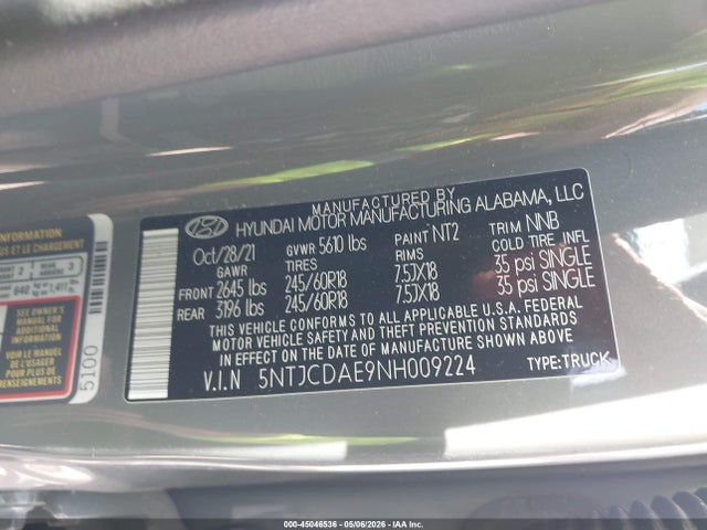 Aukcja sprzedaży 2022 Hyundai Santa Cruz Sel, vin: 5NTJCDAE9NH009224, numer aukcji: 45046536