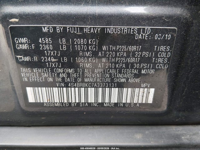 Aukcja sprzedaży 2010 Subaru Outback 2.5i Limited, vin: 4S4BRBKC7A3373131, numer aukcji: 45046539