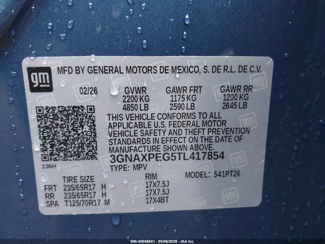 Aukcja sprzedaży 2026 Chevrolet Equinox Awd Lt, vin: 3GNAXPEG5TL417854, numer aukcji: 45046541