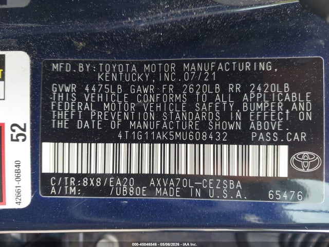 2021 Toyota Camry Se მანქანა იყიდება აუქციონზე, vin: 4T1G11AK5MU608432, აუქციონის ნომერი: 45046546