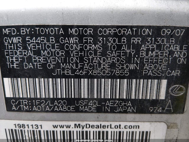 45046560 :رقم المزاد ، JTHBL46FX85057855 vin ، 2008 Lexus Ls 460 مزاد بيع