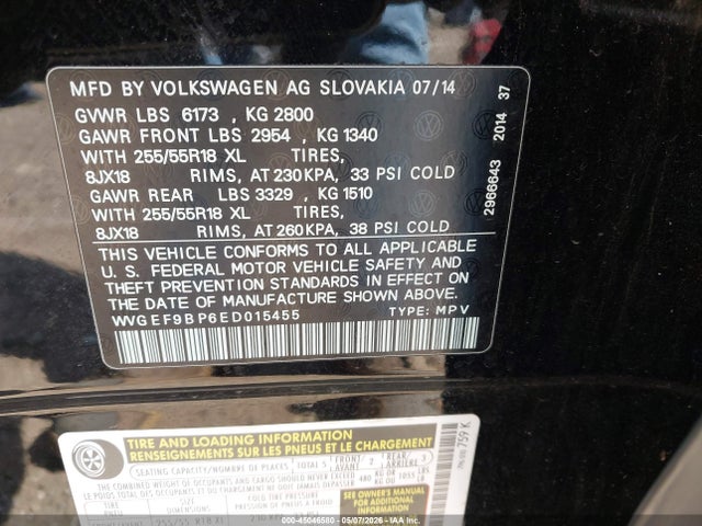 Aukcja sprzedaży 2014 Volkswagen Touareg 3.6l Sport, vin: WVGEF9BP6ED015455, numer aukcji: 45046580