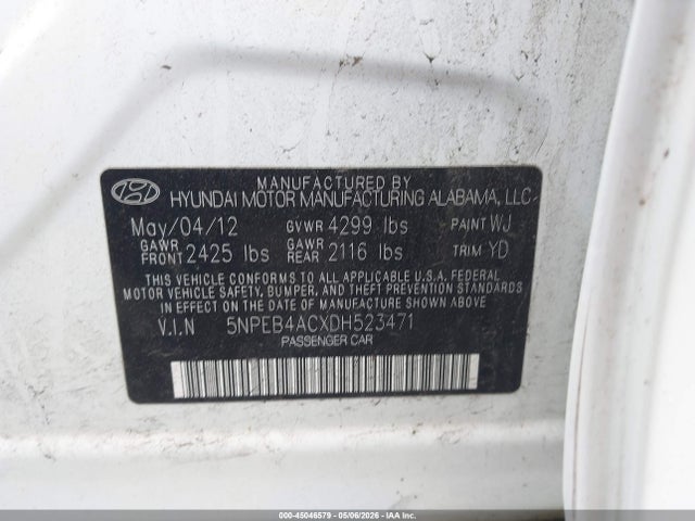 2013 Hyundai Sonata Gls მანქანა იყიდება აუქციონზე, vin: 5NPEB4ACXDH523471, აუქციონის ნომერი: 45046579