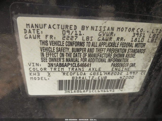 45046584 :رقم المزاد ، 3N1AB6AP1CL646641 vin ، 2012 Nissan Sentra 2.0 S مزاد بيع