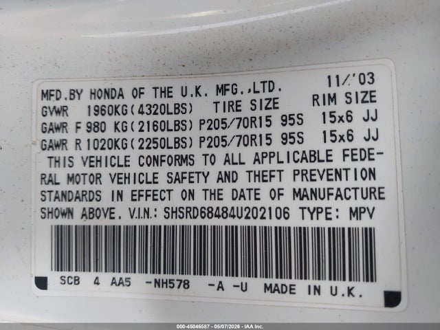 45046587 :رقم المزاد ، SHSRD68484U202106 vin ، 2004 Honda Cr-v Lx مزاد بيع