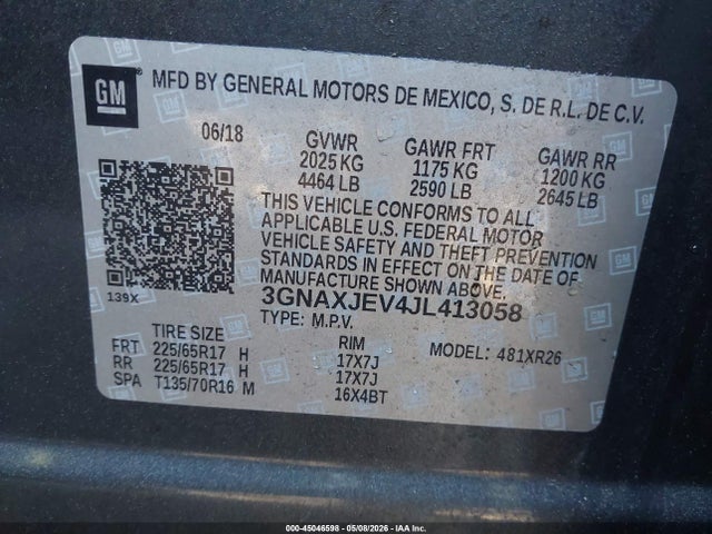 45046598 :رقم المزاد ، 3GNAXJEV4JL413058 vin ، 2018 Chevrolet Equinox Lt مزاد بيع