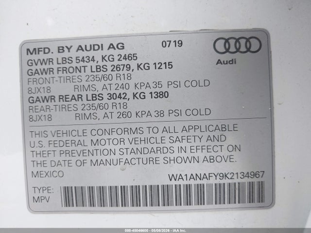 Продажа на аукционе авто 2019 Audi Q5 45 Premium, vin: WA1ANAFY9K2134967, номер лота: 45046600