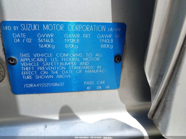 Auction sale of the 2002 Suzuki Aerio Gs/s, vin: JS2RA41S525108637, lot number: 45046603