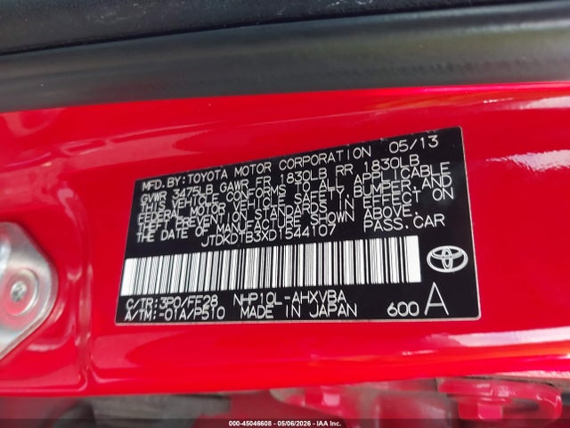 Aukcja sprzedaży 2013 Toyota Prius C Two, vin: JTDKDTB3XD1544107, numer aukcji: 45046608