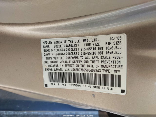 Продажа на аукционе авто 2006 Honda Cr-v Se, vin: SHSRD78956U408343, номер лота: 45046611