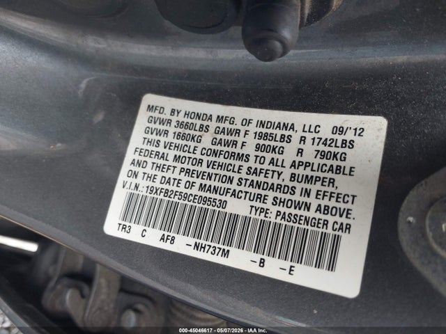Продаж на аукціоні авто 2012 Honda Civic Lx, vin: 19XFB2F59CE095530, номер лоту: 45046617