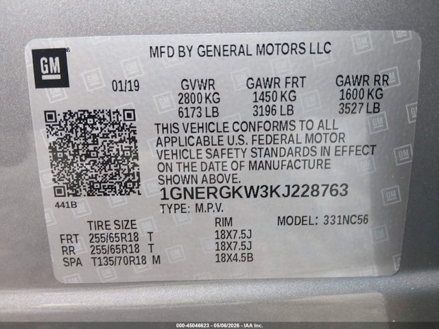 Aukcja sprzedaży 2019 Chevrolet Traverse 1lt, vin: 1GNERGKW3KJ228763, numer aukcji: 45046623