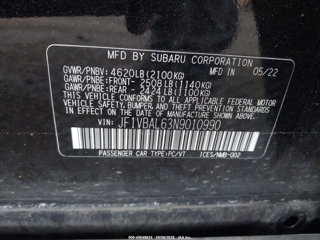 Продажа на аукционе авто 2022 Subaru Wrx Limited, vin: JF1VBAL63N9010990, номер лота: 45046624