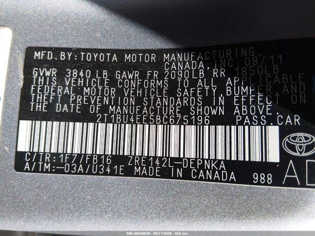 Aukcja sprzedaży 2011 Toyota Corolla Le, vin: 2T1BU4EE5BC675196, numer aukcji: 45046626