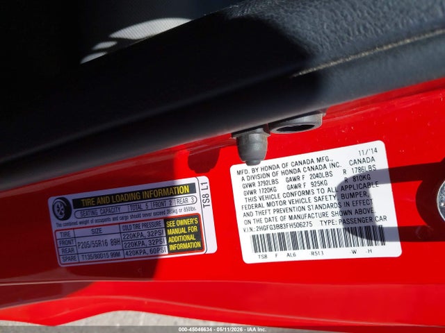2015 Honda Civic Ex მანქანა იყიდება აუქციონზე, vin: 2HGFG3B83FH506275, აუქციონის ნომერი: 45046634