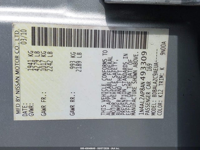 2010 Nissan Altima 2.5 მანქანა იყიდება აუქციონზე, vin: 1N4AL2AP8AN493309, აუქციონის ნომერი: 45046649