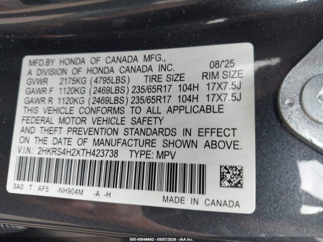 45046662 :رقم المزاد ، 2HKRS4H2XTH423738 vin ، 2026 Honda Cr-v Lx Awd مزاد بيع