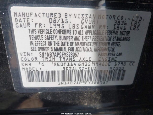 Aukcja sprzedaży 2015 Nissan Sentra Sr, vin: 3N1AB7AP9FY328957, numer aukcji: 45046667