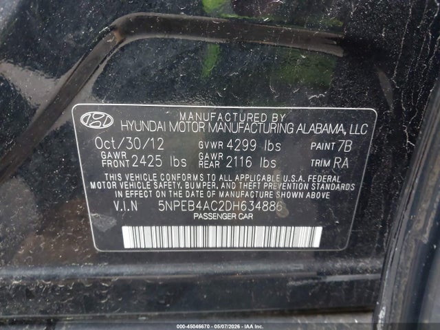 Aukcja sprzedaży 2013 Hyundai Sonata Gls, vin: 5NPEB4AC2DH634886, numer aukcji: 45046670