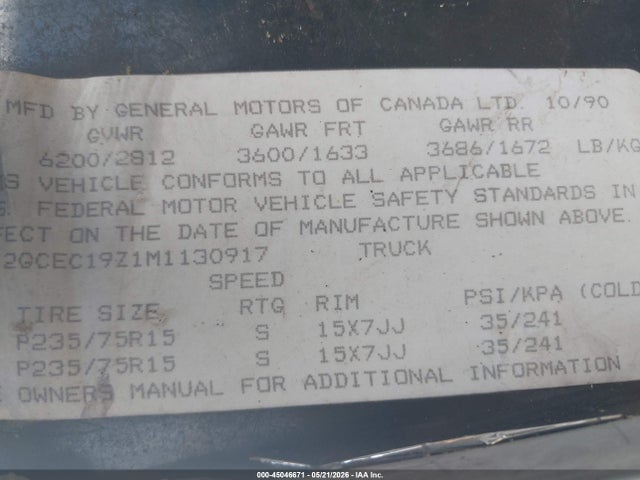 Aukcja sprzedaży 1991 Chevrolet Gmt-400 C1500, vin: 2GCEC19Z1M1130917, numer aukcji: 45046671