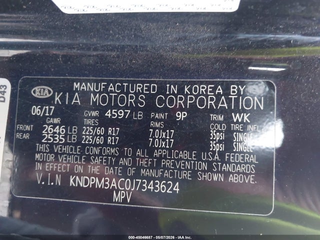 Aukcja sprzedaży 2018 Kia Sportage Lx, vin: KNDPM3AC0J7343624, numer aukcji: 45046687