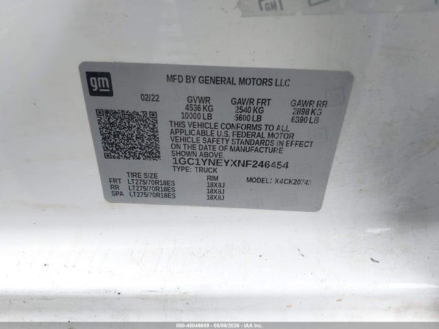 Продажа на аукционе авто 2022 Chevrolet Silverado 2500hd 4wd  Standard Bed Lt, vin: 1GC1YNEYXNF246454, номер лота: 45046689