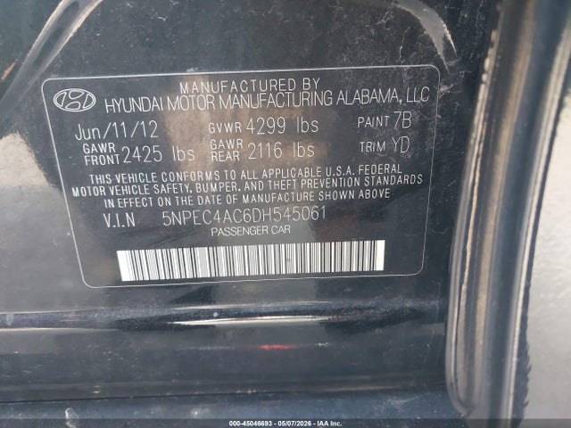 45046693 :رقم المزاد ، 5NPEC4AC6DH545061 vin ، 2013 Hyundai Sonata Limited مزاد بيع