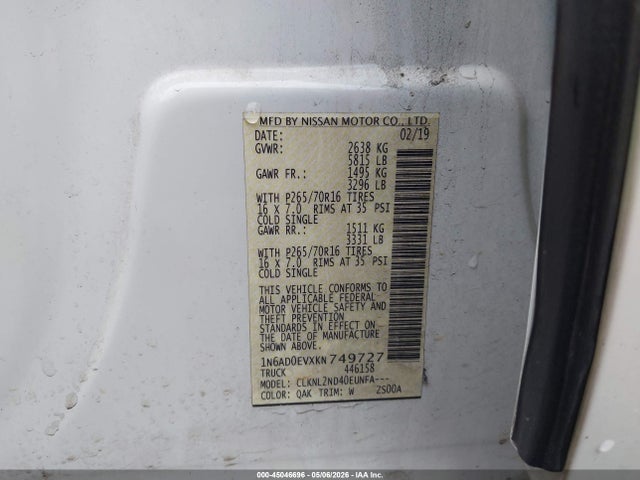 Продаж на аукціоні авто 2019 Nissan Frontier Sv, vin: 1N6AD0EVXKN749727, номер лоту: 45046696
