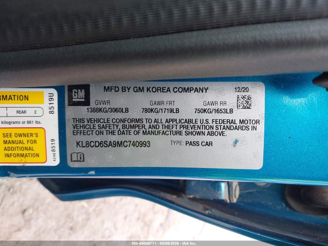 Продажа на аукционе авто 2021 Chevrolet Spark Fwd 1lt Automatic, vin: KL8CD6SA9MC740993, номер лота: 45046711