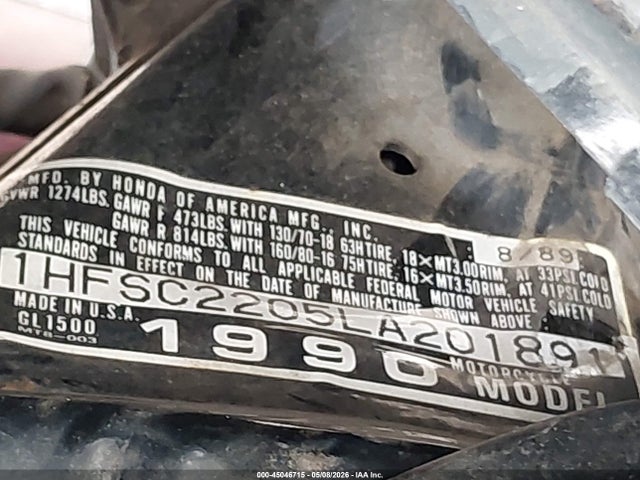 1990 Honda Gl1500 მანქანა იყიდება აუქციონზე, vin: 1HFSC2205LA201891, აუქციონის ნომერი: 45046715